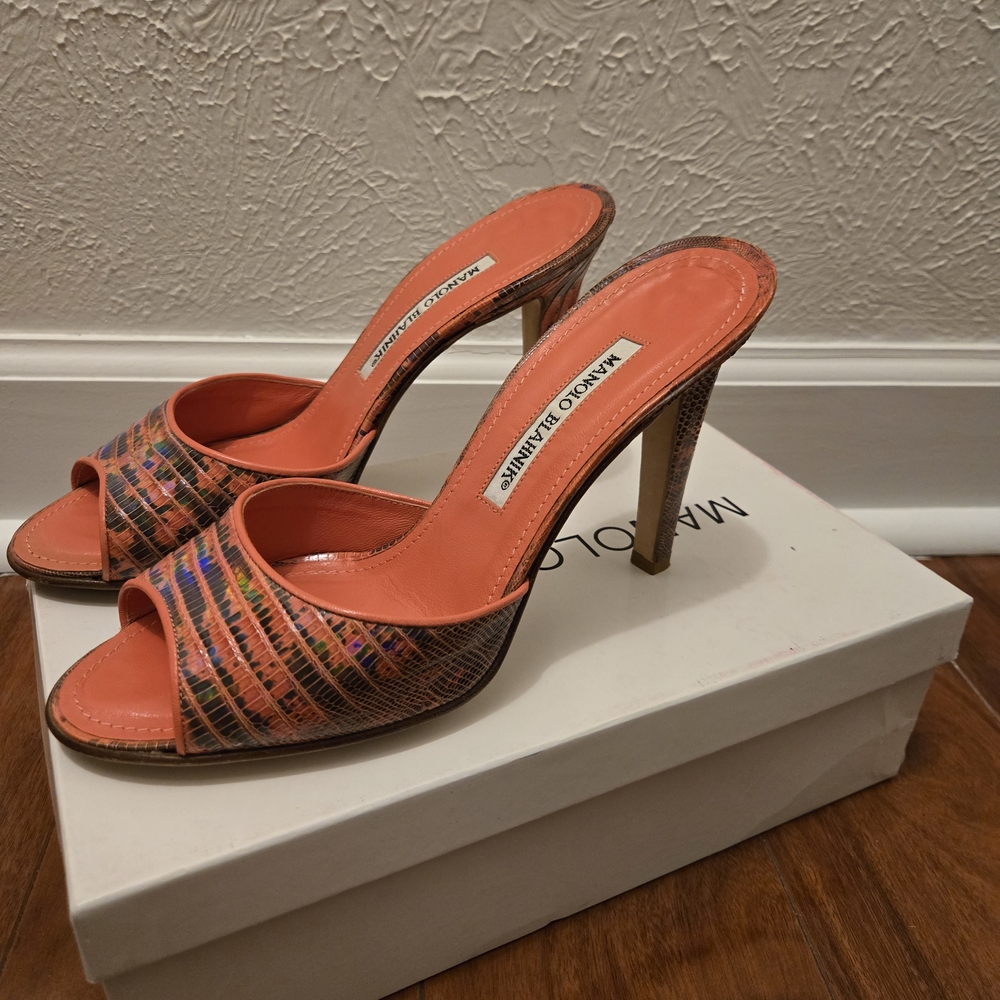 Manolo Blahnik Coral and Multicolor Peep-Toe Heels